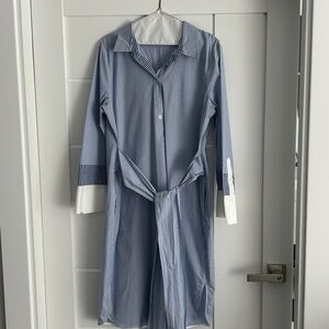 Tahari Blue and White Striped Midi Dress